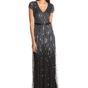 Adrianna Papell Black & Silver Sequin Dress Floor Length Gown | 0P